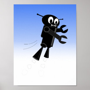 Black Flying Robot Blue Sky Background Poster