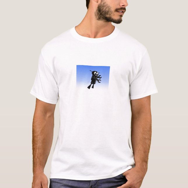 Black Flying Robot Blue Sky Background T-Shirt (Front)