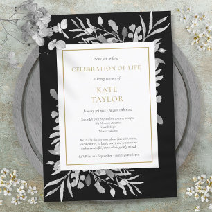 Black Foliage Gold Celebration of Life Funeral Invitation