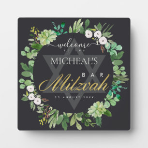 BLACK FOLIAGE WREATH STAR BAR BAT MITZVAH WELCOME PLAQUE