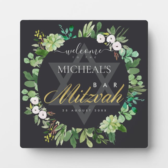 BLACK FOLIAGE WREATH STAR BAR BAT MITZVAH WELCOME PLAQUE (Front)