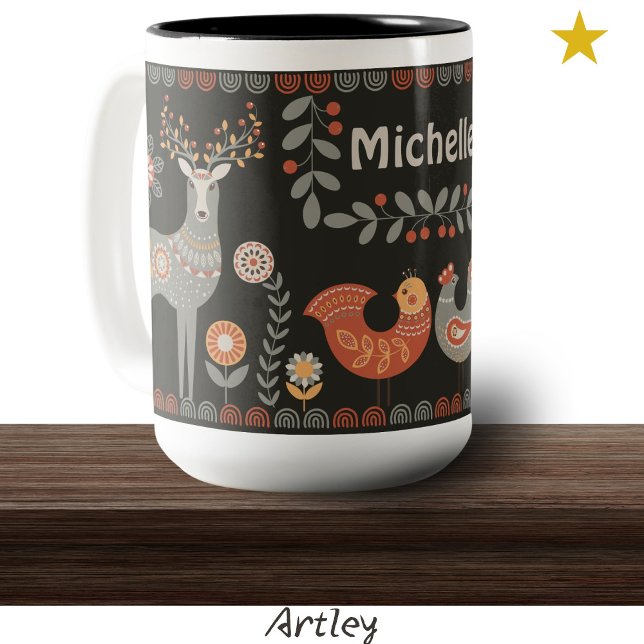 Black Folk Art Animals Custom Name Deer Floral  Two-Tone Coffee Mug (Creator Uploaded)