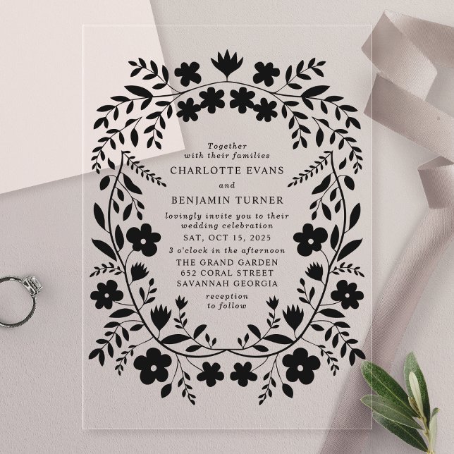 Black Folk Art Floral Wedding Acrylic Invitations (Creator Uploaded)