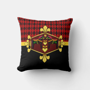 Black Folk Dala horse, Red diamond print,gold Throw Pillow