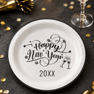 Black Font New Year's Paper Plate