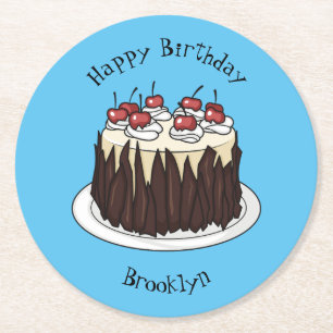 Black Forest cake cartoon illustration Round Paper Coaster
