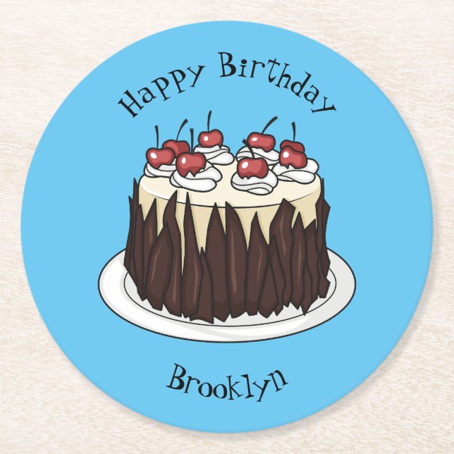 Black Forest cake cartoon illustration Round Paper Coaster (Front)