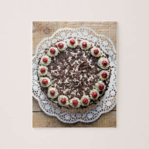 Black Forest cake on rustic wood Jigsaw Puzzle