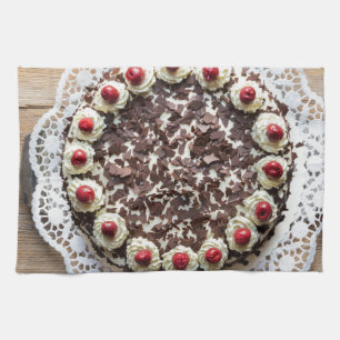 Black Forest cake on rustic wood Kitchen Towel
