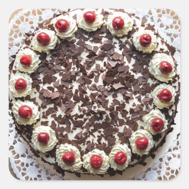 Black Forest cake on rustic wood Square Sticker (Front)
