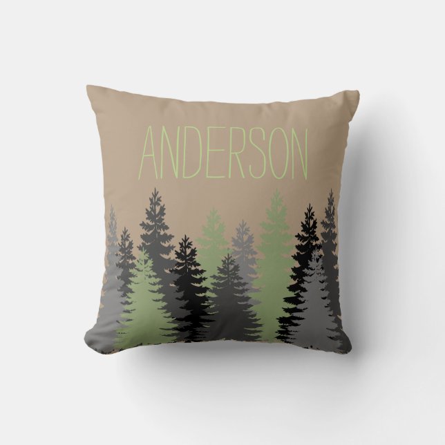 Black Forest Woods Pine Tree Custom Name Throw Pillow (Front)