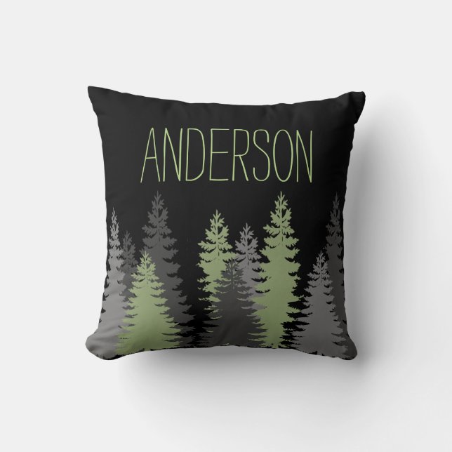 Black Forest Woods Pine Tree Custom Name Throw Pillow (Front)