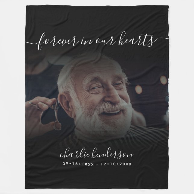 Black Forever In Our Hearts Photo Memorial Tribute Fleece Blanket (Front)