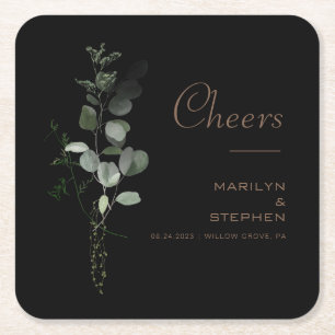 Black Formal Minimal Eucalyptus Cheers Wedding Square Paper Coaster