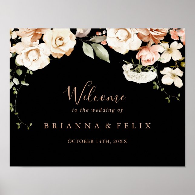 Black Formal Royal Floral Wedding Welcome Sign (Front)
