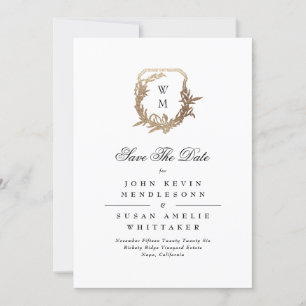 Black Formal White Monogram Gold Crest Photo Save The Date