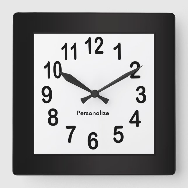 Black Frame and Numbers | DIY Background Colour Square Wall Clock (Front)