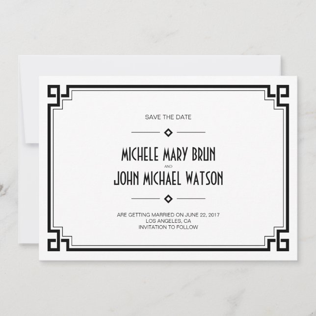 Black Frame Art Deco White Save the Date Card (Front)