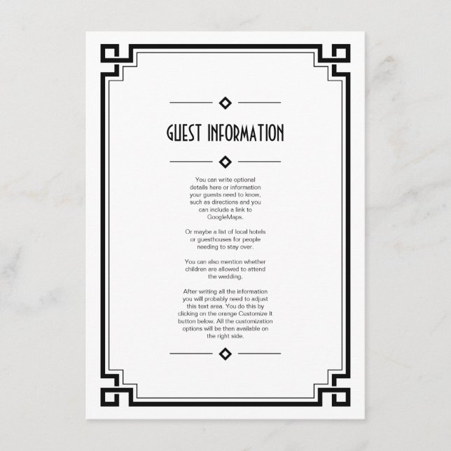 Black Frame Art Deco White Wedding Insert Card (Front)
