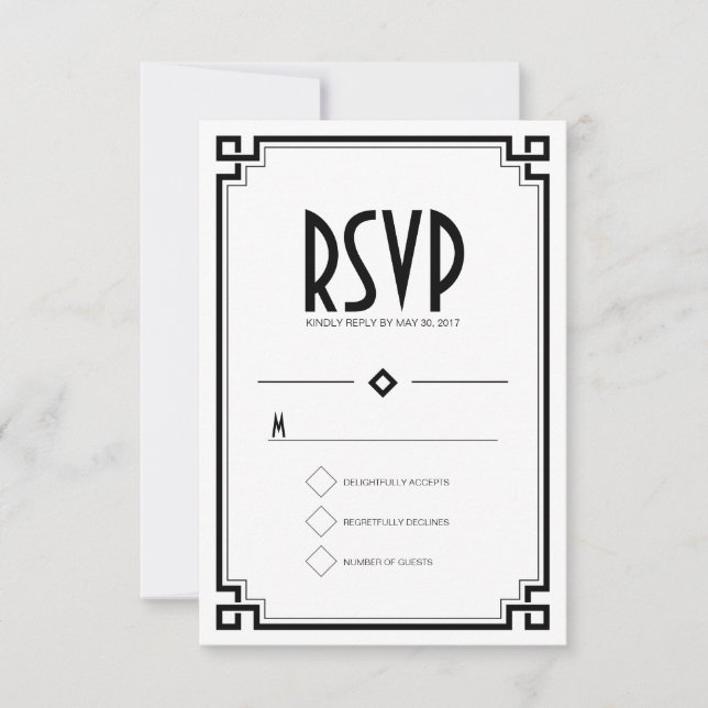 Black Frame Art Deco White Wedding RSVP Card (Front)