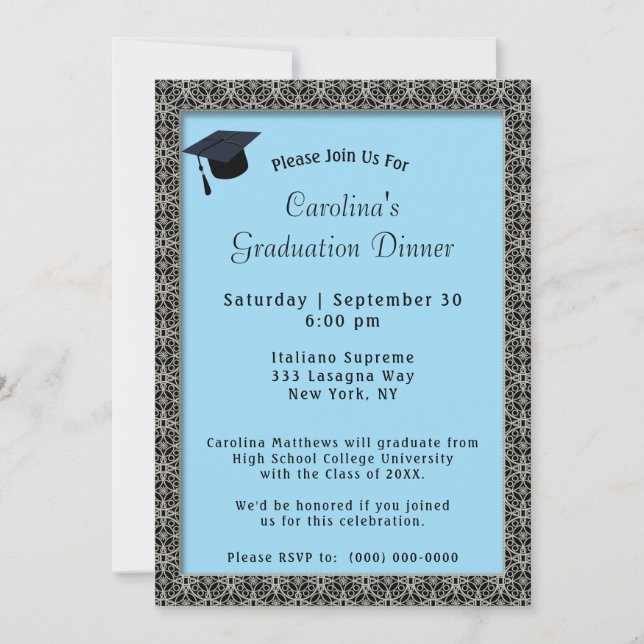 Black Frame Dinner Cap Light Blue Graduation Invitation (Front)