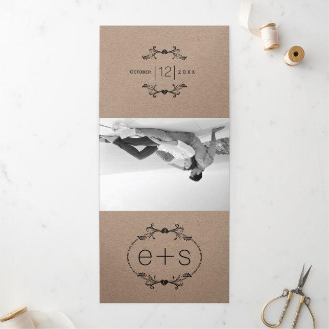 Black frame, initials monogram kraft paper wedding Tri-Fold invitation (Outside)
