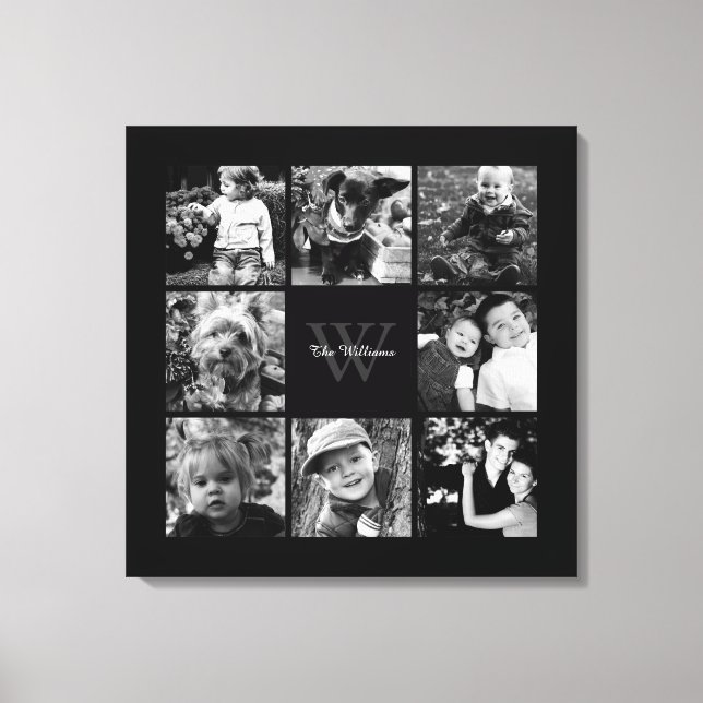 Black Frame Monogrammed Photo Collage Canvas Print (Front)