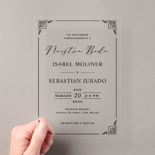 Black Frame Motif Nuestra Boda Spanish Wedding Acrylic Invitations (Insitu (Handheld))