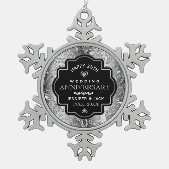 Black Frame & Silver Damask 25th Anniversary Snowflake Pewter Christmas Ornament (Front)