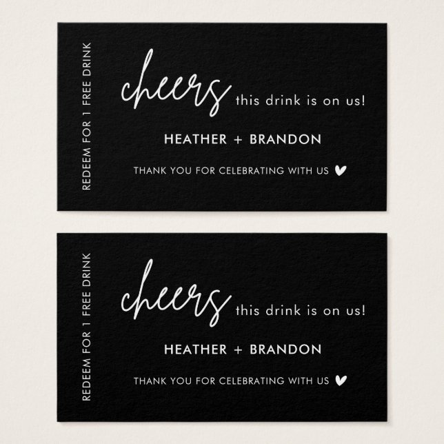 Black Free Drink Wedding Drink Ticket Cards (Front & Back)