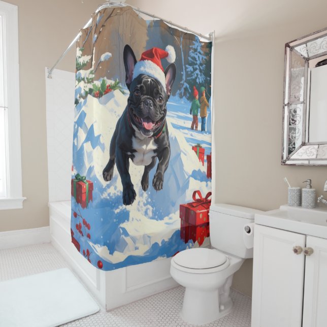 Black French Bulldog Christmas Festive Snow Scene (In Situ)