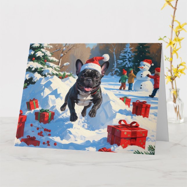 Black French Bulldog Christmas Festive Snow Scene Card (Yellow Flower)