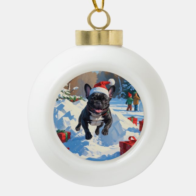 Black French Bulldog Christmas Festive Snow Scene Ceramic Ball Christmas Ornament (Front)