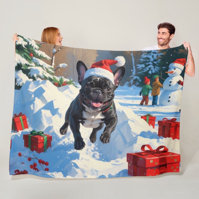 Black French Bulldog Christmas Festive Snow Scene Fleece Blanket (In Situ)