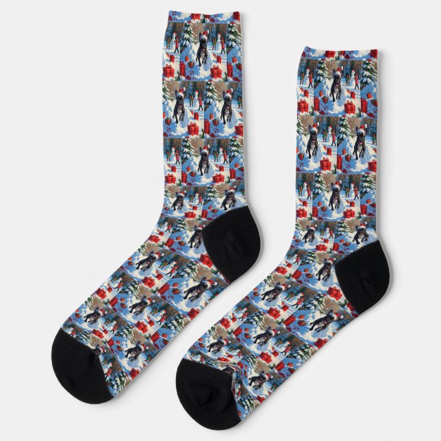 Black French Bulldog Christmas Festive Snow Scene Socks (Left)
