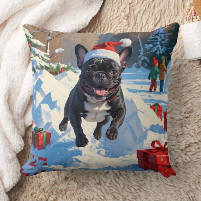 Black French Bulldog Christmas Festive Snow Scene Throw Pillow (Blanket)