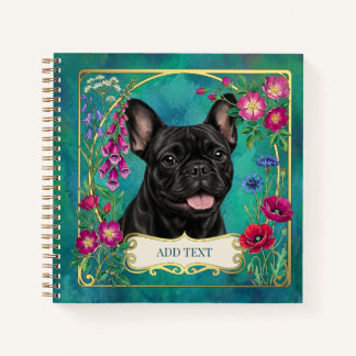 Black French Bulldog Floral Botanical Teal Notebook
