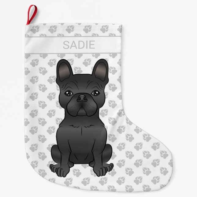 Black French Bulldog / Frenchie Cartoon Dog & Name Large Christmas Stocking (Front)