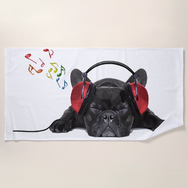Black French Bulldog Grooving to His Tunes Beach Towel (Front)