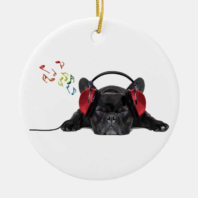 Black French Bulldog Grooving to His Tunes Ceramic Ornament (Front)