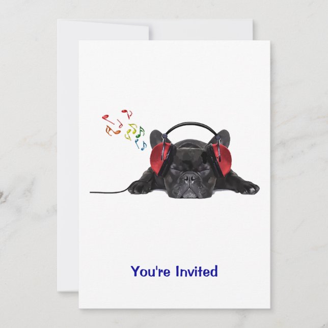 Black French Bulldog Grooving to His Tunes Invitation (Front)