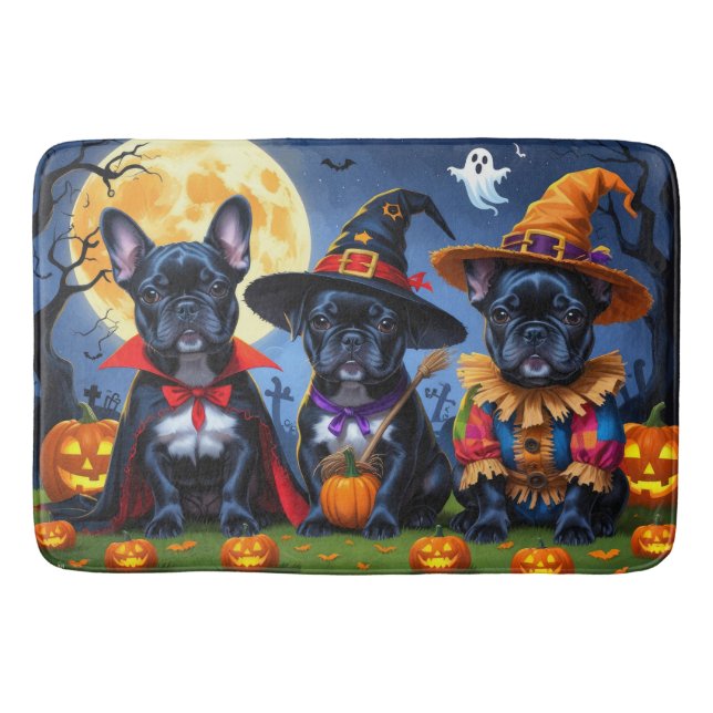 Black French Bulldogs Pumpkin Halloween Funny Bath Mat (Front)
