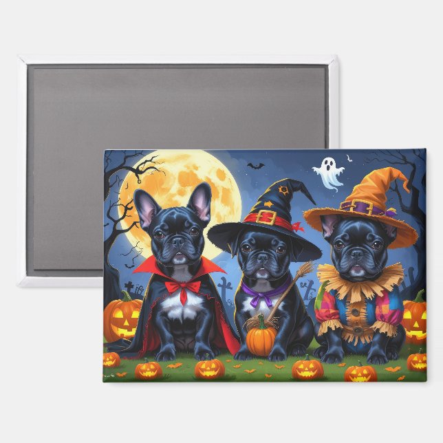 Black French Bulldogs Pumpkin Halloween Funny Magnet (Front/Back)