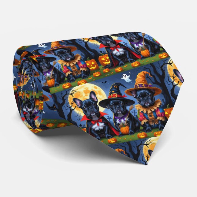 Black French Bulldogs Pumpkin Halloween Funny Tie (Rolled)