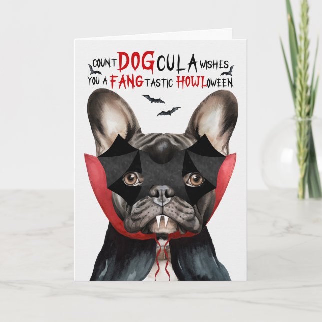 Black Frenchie Dog Count DOGcula Funny Halloween Holiday Card (Front)