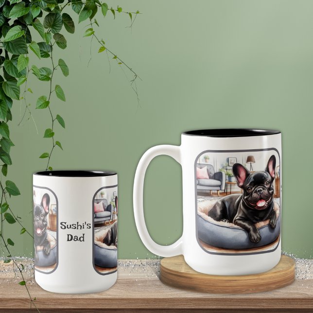 Black Frenchie in Blue Dog Bed Two-Tone Coffee Mug (Creator Uploaded)