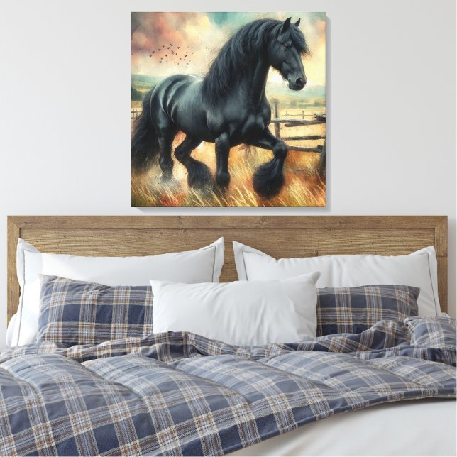 Black Fresian Horse Pasture Rustic Fence Canvas Print (Insitu(Bedroom))