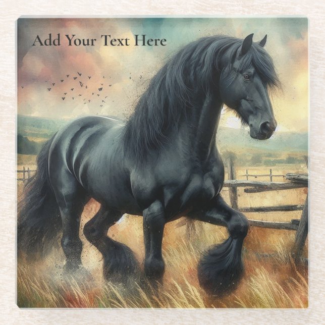 Black Fresian Horse Pasture Rustic Fence Glass Coaster (Front)