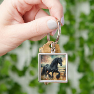 Black Fresian Horse Pasture Rustic Fence Keychain