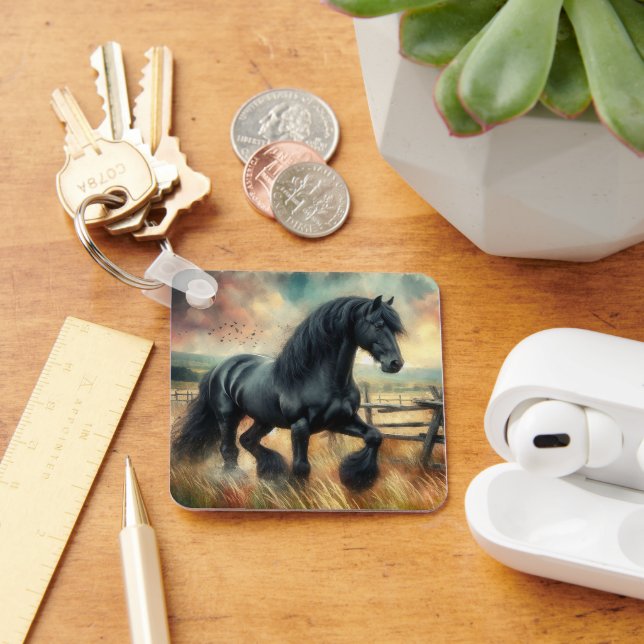Black Fresian Horse Pasture Rustic Fence Keychain (Desk)